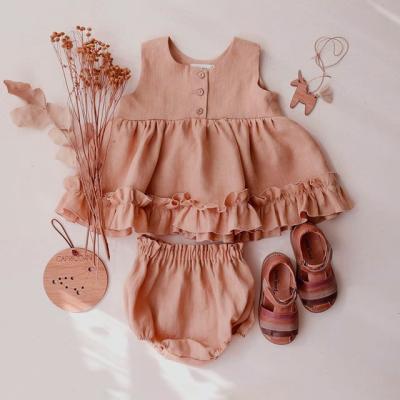 China 0-24M Summer Toddler Baby Girl Breathable Clothes Outfits Sleeveless Ruffle Top Dress Buttons Invest Shorts Baby Outfit for sale