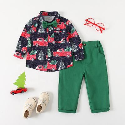 China New Baby Boy Casual Teams Suit Cartoon Toddler Long Sleeve Bow Tie Shirt Tops+Green Pant Spring Set Kids Clothes for sale