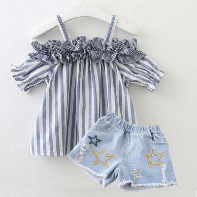 China Formal Kid Baby Clothes 2Pcs Stripe Crop Tops Blouse Stars Denim Shorts Cool Summer Girl Outfit Set for sale