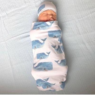 China Anti-pilling 2Pcs Set Fashion Baby Dolphin Newborn Print To Wrap Baby Covering Sleep Wrap Muslin Wrap Hat for sale