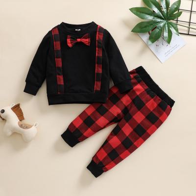 China Boys Spandex/Organic Autumn Cotton Hooded Clothes Set Merry Christmas Baby Boy Sweatshirt Pants 2pcs Outfit Plaid Clothes Set for sale