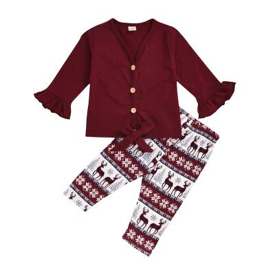 China Vintage Merry Christmas Girls Clothes Set Baby Rocket Sleeve Top Deer Pants 2pcs Cotton Pajamas Outfit for sale