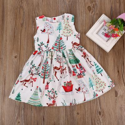 China Casual Merry Christmas Girls Dress Kids Tree Deer Cartoon Princess Sleeveless Printed Dresses for sale