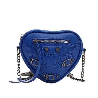 China Fashion New Klein Heart Shape Blue Solid Zipper Handbag Fashion PU Single Shoulder Messenger Bag With Chain Ladies Handbag for sale