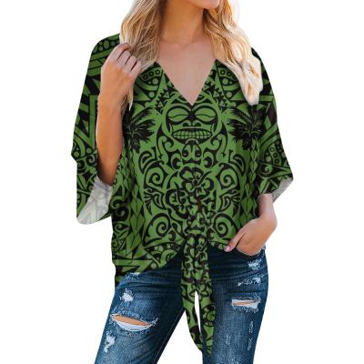 China Polynesian Print Anti Pilling Ladies Chiffon Blouses And Tops Customize Your Design Loose Slim V Neck Oversized Women'S Chiffon T-shirt Satin for sale