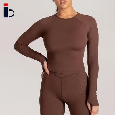 China Custom Anti-Static Drop Butter Soft Fitness Sport Running Long Sleeves Chocolate Top Shirt Sporty Workout Gym For Women for sale