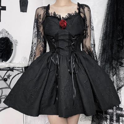 China JY22467 Lolita Bandage Black Dress Women Washable Gothic Vintage Lace Sexy Puff Sleeve Dress High Waist Aesthetic Elegant Formal Dresses for sale