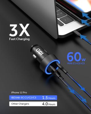 China Universal Adapter Car Charger New Arrival PD 20W IBD348 3C Type C 60W 3 Ports PD Nice Fast Car Charger Ring Blue Led Car Charger For Iphone13 for sale