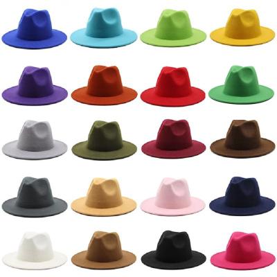 China Thickened High Quality Colorful Felt Fedora Hats Men's And Women's Winter Retro Jazz Hats 7cm Flat-Brimmed Wool Top Party Hat for sale