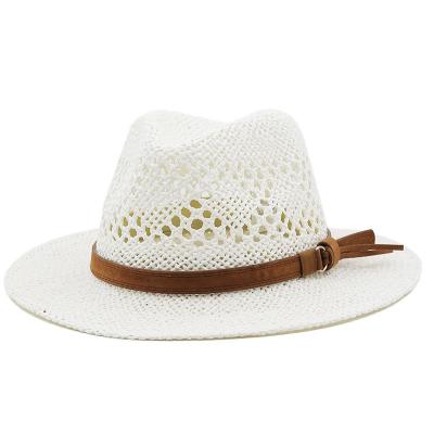 China New Style Hand-Woven Jazz Straw Hat With Belt Trim For Men And Women Outdoor Travel Sunscreen Beach Sombrero Hat for sale