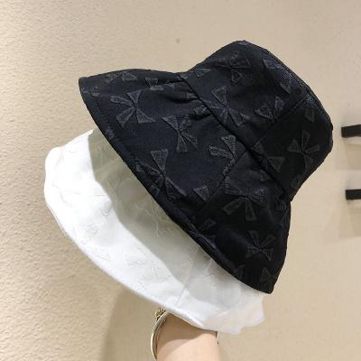 China Bowknot Puff Printed Fisherman Hat Pleated Big Brim Retro Folding Sunshade Pot Hat for sale