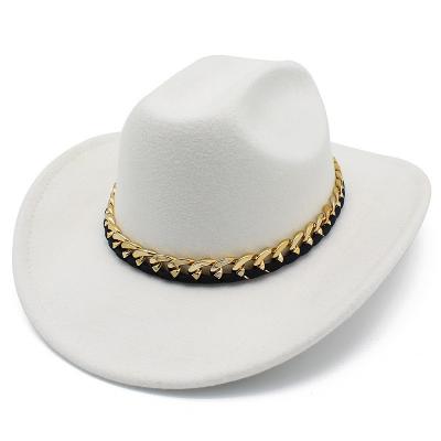 China Factory Wholesale Gold Chain Decorated Flat Wide Brim Fedora  Panama Hat Fashion British Jazz Top Hats for Men & Women for sale