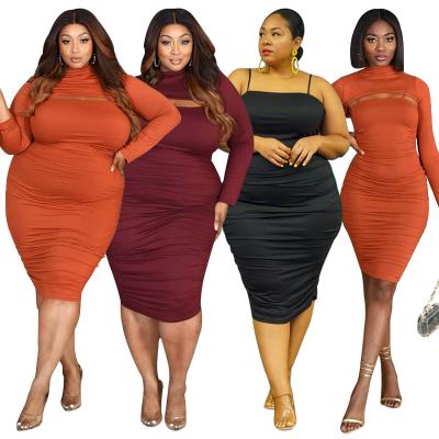 China Solid color tight and sexy suspender dress long-sleeved top two-piece set knitted plus size fat women's suit for fall for sale