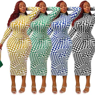 China Hot Sale Plaid Print Sexy Long Sleeve Plus Size Dress Evening Party Club Maxi Dress For Fat Women Ladies for sale