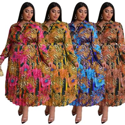 China Woven Printed Pleated Fashionable Casual Two-piece Set Autumn Long Sleeve Maxi Skirt Plus Size Women's Clothing for sale