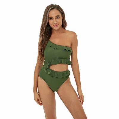 China Swimsuit manufacturers off-the-shoulder pure color swimsuit ruffled one-piece bikini swimwear beacherwear for girls for sale