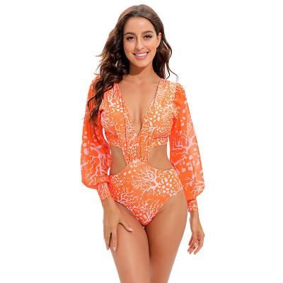 China Fashion printed swimsuit backless long sleeves one-piece high waist tied V-neck swimsuit Beachwear bikini for sale