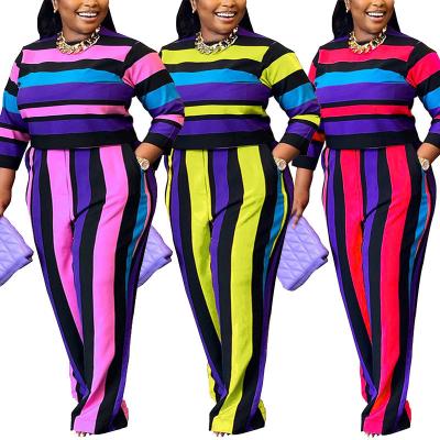 China Fall Women Clothes Round Neck Long Sleeve Striped Trousers African Women Plus Size Xl-5Xl Two Piece Pants Sets for sale