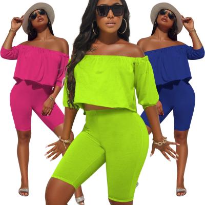 Chine Casual Sexy Off-the-shoulder Solid Color Short-sleeved T shirt Shorts Women Short Sports Two-piece Suit à vendre