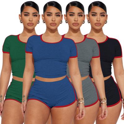 China Summer Womens Sets Ring T-shirt Shorts Knitted Solid Color Loungewear Jogging 2 Piece Set Bulk Wholesale Clothing for sale