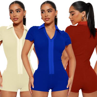 Chine Women Sexy Fashionable Clothing Satin Pattern Rib-knit Jumpsuit Zipper Stand Collar Short Sleeve Above Knee Spandex Unitard à vendre