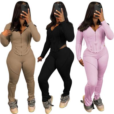 China Spring Autumn Clothing Ribbed Zipper-up Hoodie And Pants 2 Piece Active Tracksuits Trend Sets For Women for sale