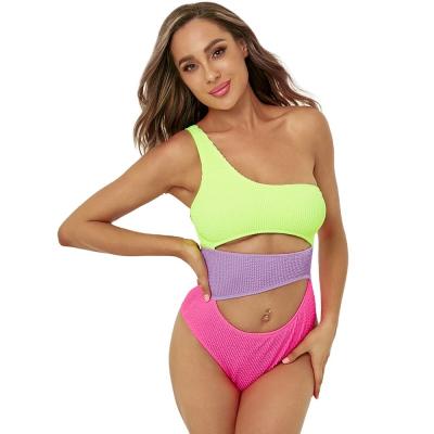 China Bikini one-shoulder color matching hollow out one-piece swimsuit fashion sexy halter bikini for sale