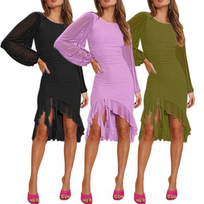 China Long-Sleeved Mesh See-through Women' Clothing Irregular Ruffle Dress Women Elegant Party Club Dress for sale