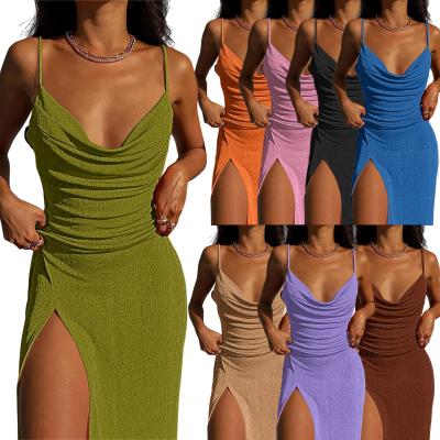 China Spring and summer polyester knitted elastic suspender slit sexy dress for sale