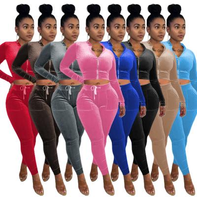 China New Arrivals Velvet Velour Crop Top Women Lady Sport Casual 2 Piece Jogger Set Sweatpants And Hoodie Tracksuit  Women Clothes for sale