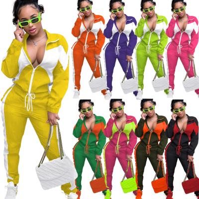 China Wholesale Women's Sets Casual Fashion Colorblock Cardigan Long Sleeve Zipper-up Sweatshirt And Long Pants Two-piece Set for sale