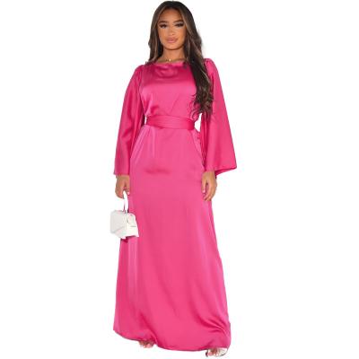 China Ladies Elegant Dress Round Neck Long Sleeve Loose Lace Satin Casual Long Dress for sale