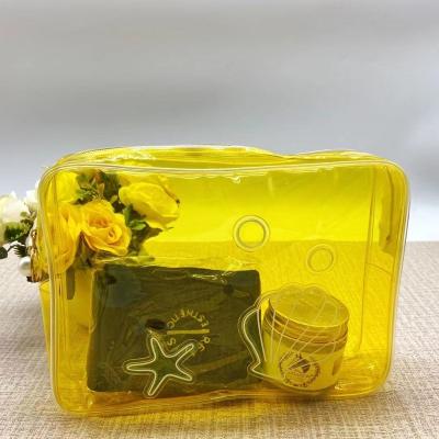 China Lady Shell PVC Yellow Plastic Bag Travel Clear Ladies Makeup Bag Easy Carry Beauty Tool PVC Bag for sale