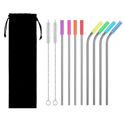 China Custom Viable Stainless Steel Metal Cocktail Logo Straw Set With Silicone Tips for sale