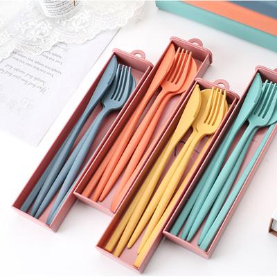 China Sustainable High Quality Plastic Wheat Straw Knife Spoon Fork Chopsticks Travel Cutlery Dinnerware Set for sale