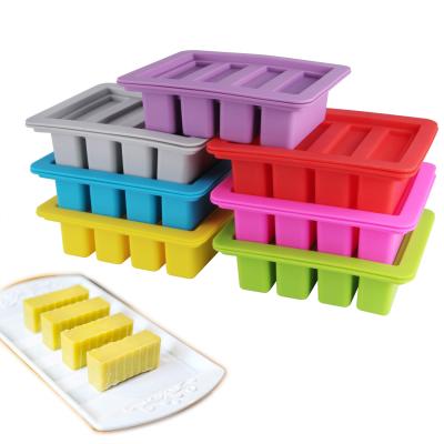 China Viable 4 Cavity Silicone Butter Mold Tray Rectangle Butter Pudding Soap Chocolate Ice Mold With Lid for sale