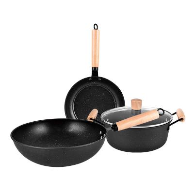 China Sustainable Wholesale Non Stick Pots And Pans Set Granite Marble Cookware Set With Wood Color Handle for sale