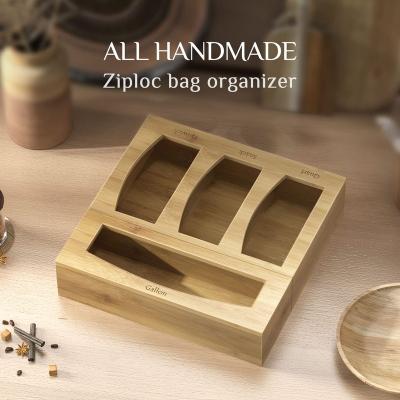 China Viable Bamboo Ziplock Bag Storage Organizer And Dispenser For Kitchen Drawer Open Type Bamboo Ziplock Bag Organizer With Magnetic Lid for sale