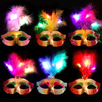 China Each New LED Party Mask With Feather For Party Wedding Props Gold Shinny Mardi Gras Item Masks Promotion Masquerade Cosplay Costume for sale