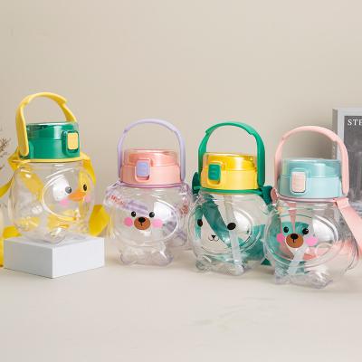 China Wholesale Customized Cartoon Children School Water Bottle Cute Cute Bear Plastic Water Bottle With Straw Portable Strap for sale