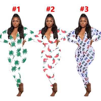 China Anti-wrinkle ladies fall pattern printing sexy long sleeve plus size jumpsuit woman romper bodycon one-piece jumpsuit for sale