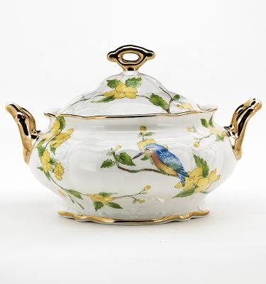 China Latest Design Viable Gold Rim Ceramic Soup Tureen Bowl With Lid for sale