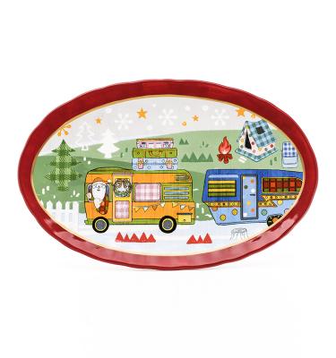 China Viable Hand Painted Porcelain Ceramic Dish Bus Plate Ceramic Fruit Dish With Lovely Cartoon Decal for sale