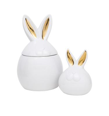 China Latest Easter Bunny Eco-Friendly Cookie Sugar Coffee Ceramic Storage Canister with 3D Gold Plated Lid for sale