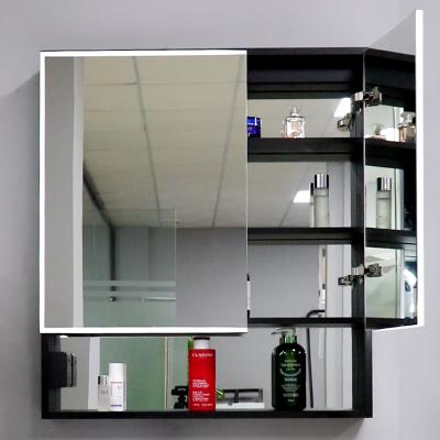 China Modern High End Home Decoration Design Led Bright Black Double Door Storage Bathroom Decoration Mirror Cabinet for sale