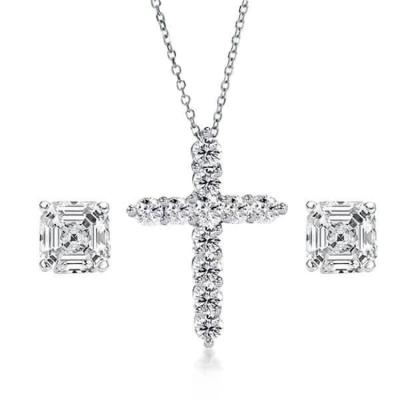 China Fashionable Wholesale 925 Sterling Silver White Gold Cubic Zirconia Jewelry Set Clear Diamond Hip Hop Cross Pendant Necklace Earrings for sale