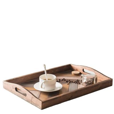 China Drinking Ottoman Serving Tray Rustic Torched 17 x 13 inch with 4 Rounded Fir Wood Coasters Tall for Overlay for sale