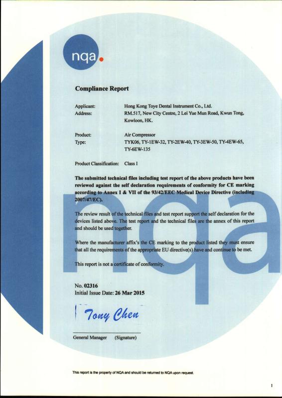 CE Certificate of air compressor - Foshan TOYE Dental Equipment Co.,Ltd