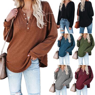 China Autumn Hot Selling Button Loose O-neck T-shirt Comfortable Anti-Wrinkle Long Sleeve Tops Women's Tops For Women Casual Tops For Women 2021 for sale