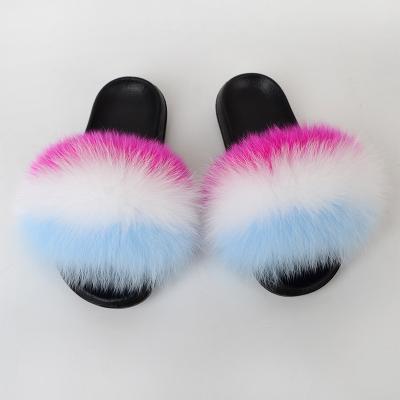 China Fashion Trend Wholesale 1 Pair Real Raccoon Fox Furry Logo Furry Slides Custom Made Fluffy Fur Slipper For Women for sale